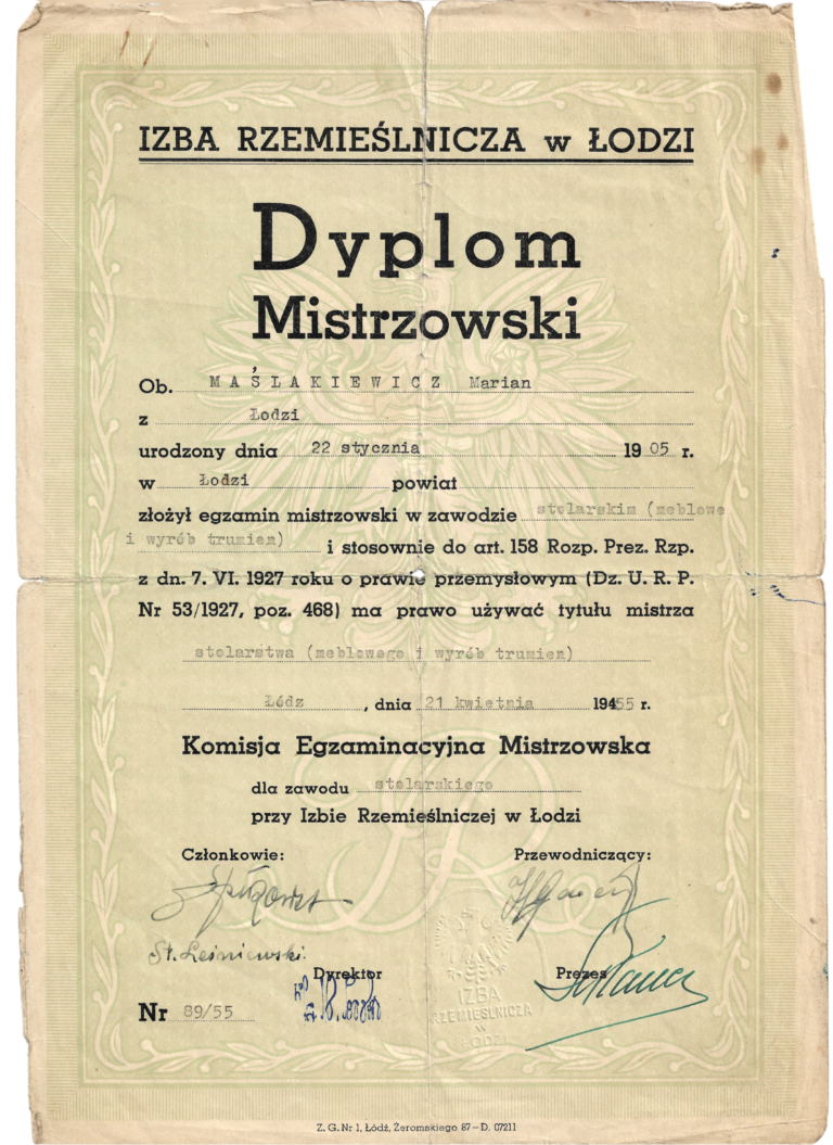 Dyplom Mistrzowski Marian Maślakiewicz Firma Pogrzebowa Maślakiewicz Łódź