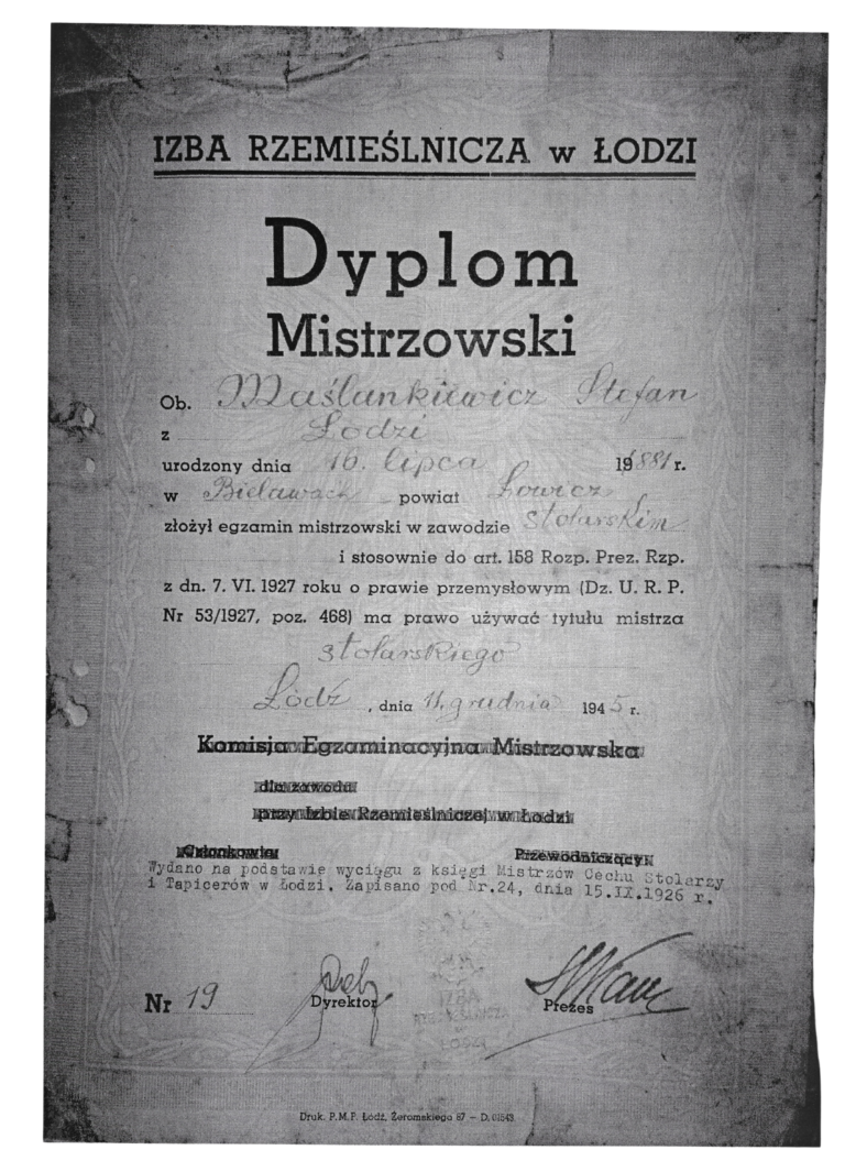 Dyplom mistrzowski Stefan Maślakiewicz Firma Pogrzebowa Maślakiewicz Łódź