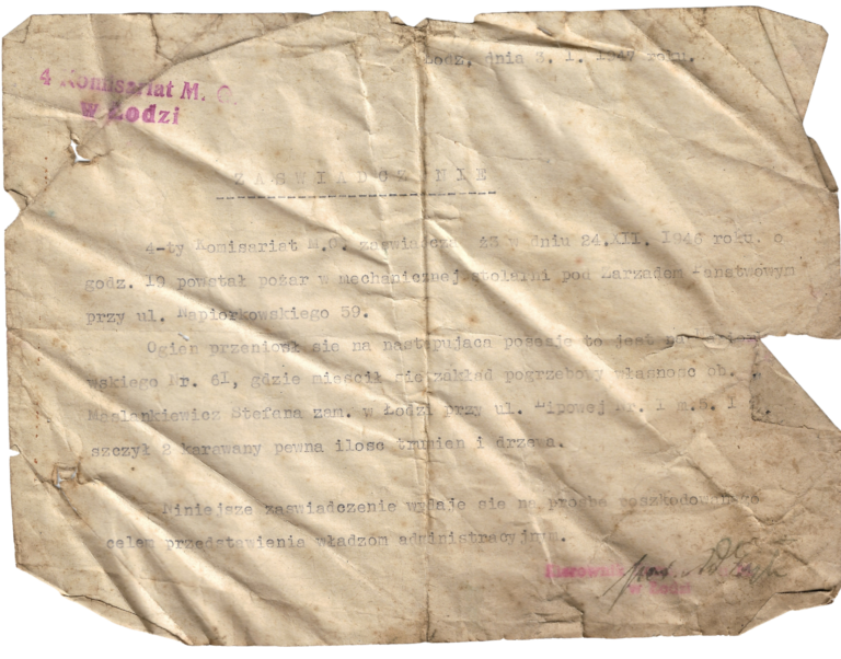 Komisariat M_O w Łodzi zaświadczenie o pożarze Firma Pogrzebowa Maślakiewicz Łódź