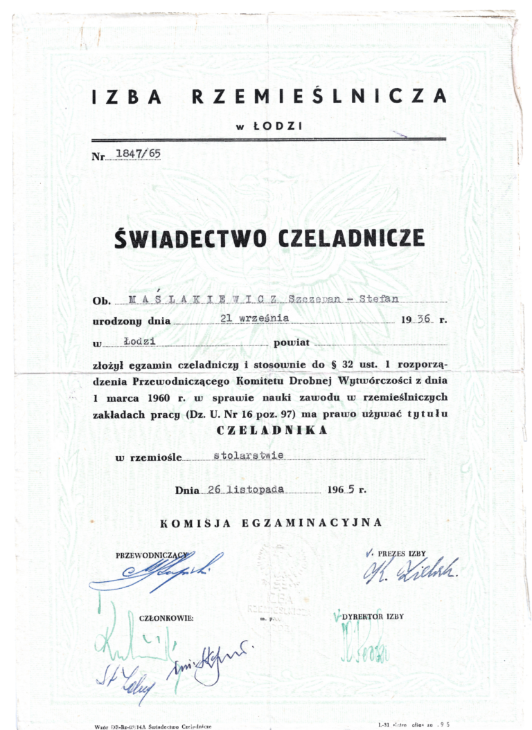 świadectwo czeladnicze Szczepan Maślakiewicz Firma Pogrzebowa Maślakiewicz Łódź